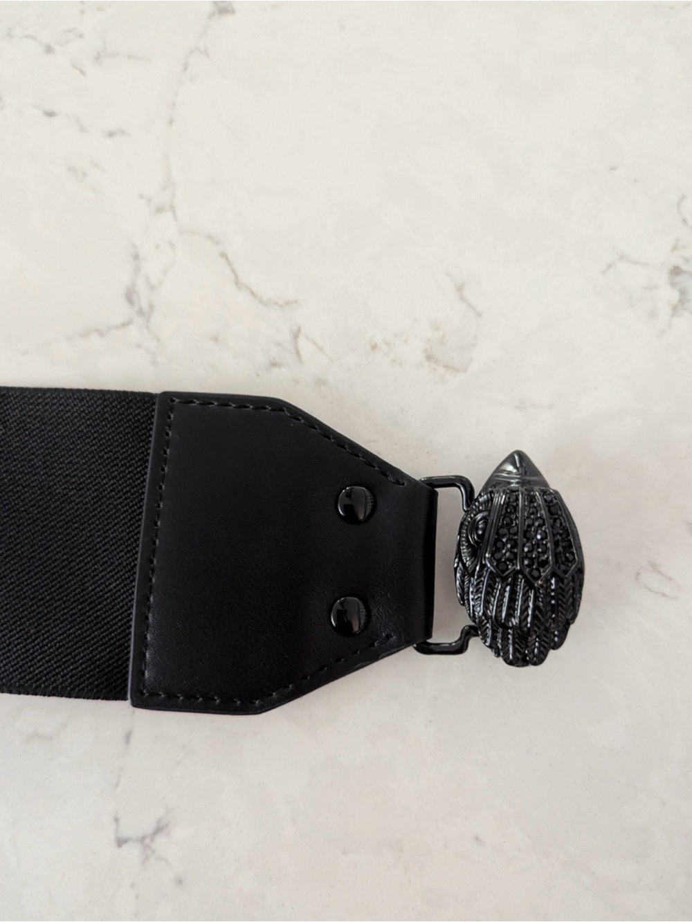 Kurt Geiger Black Elastic Belt with Decorative Jet-black jeweled Eagle Buckle.